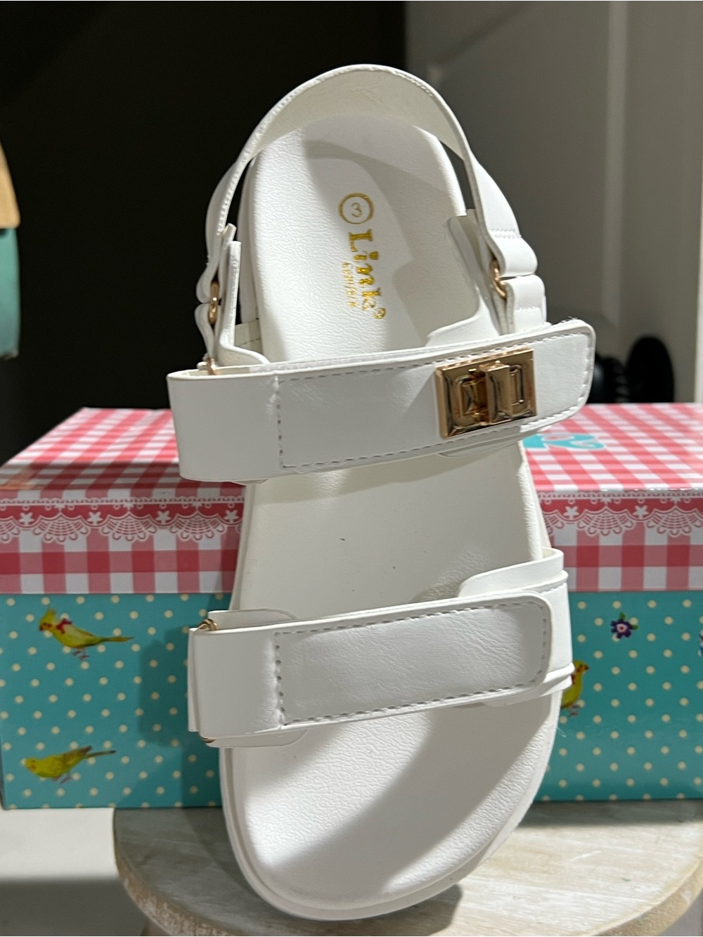 Link White Kids' Adjustable Strappy Sandal with Gold Accent